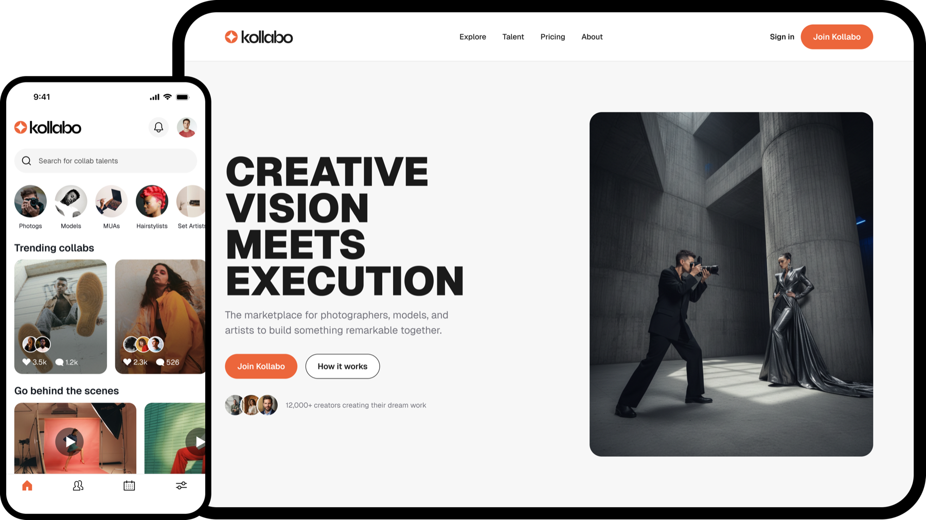 Kollabo shown as a marketing landing page and mobile app side by side. The web hero reads 'Creative vision meets execution — the marketplace for photographers, models, and artists to build something remarkable together,' with a Join Kollabo call to action and '12,000+ creators creating their dream work.' The app beside it shows the home feed of trending collabs and disciplines.