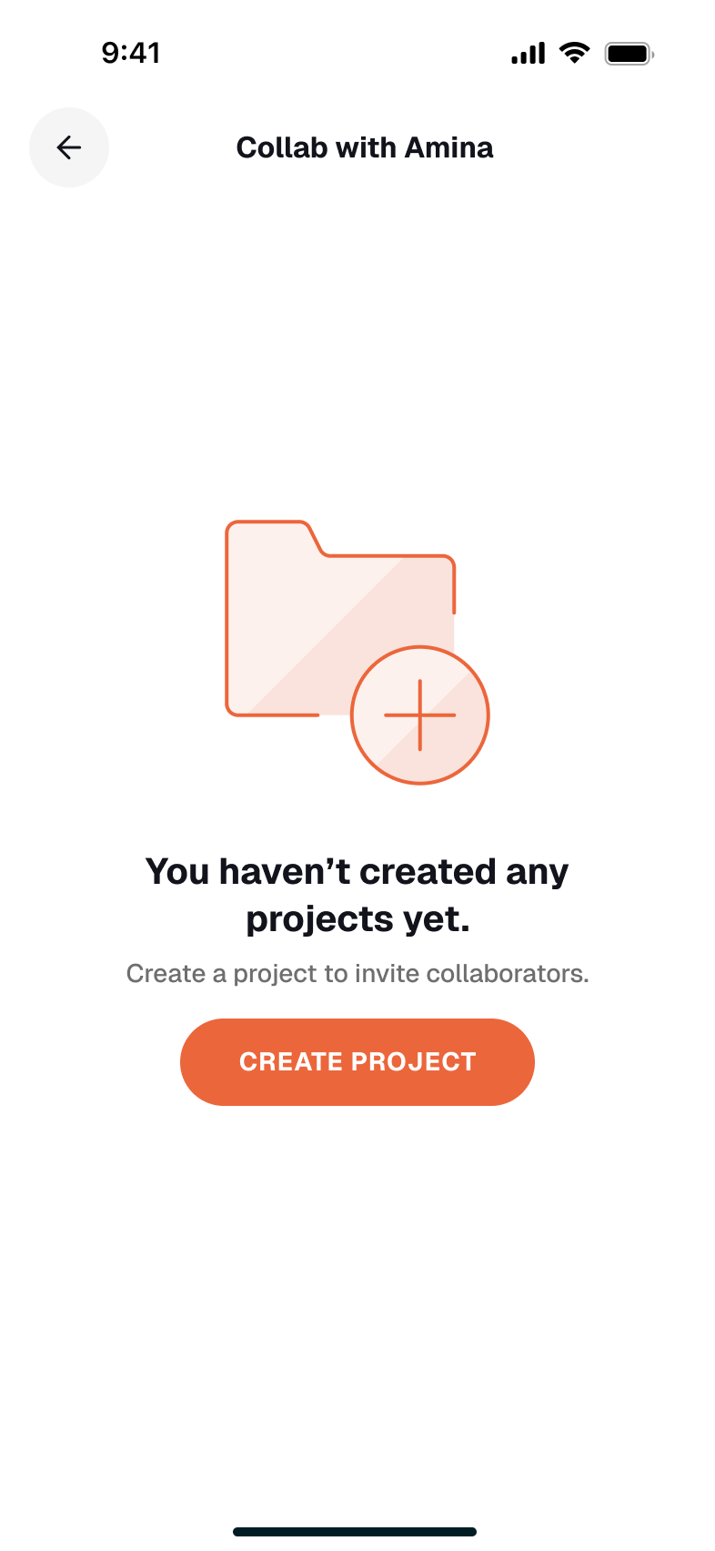 Collab with Amina, empty state: an illustration of a folder with a plus, the message 'You haven't created any projects yet. Create a project to invite collaborators,' and a Create project button.