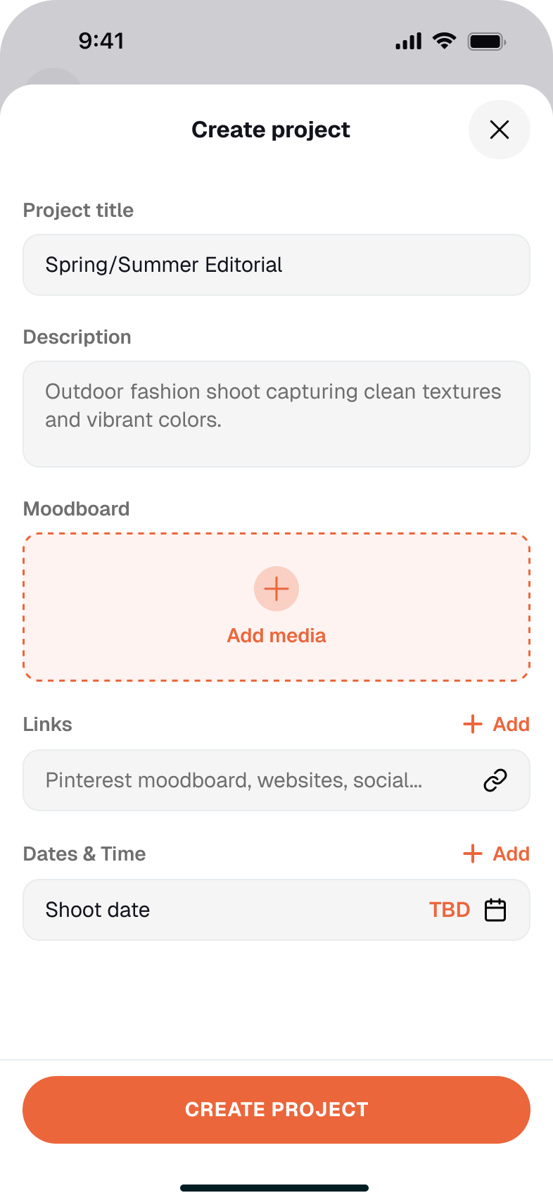 Create project sheet: project title 'Spring/Summer Editorial', a description field reading 'Outdoor fashion shoot capturing clean textures and vibrant colors', an Add media moodboard drop zone, a Links field for Pinterest boards and websites, and a shoot date set to TBD.