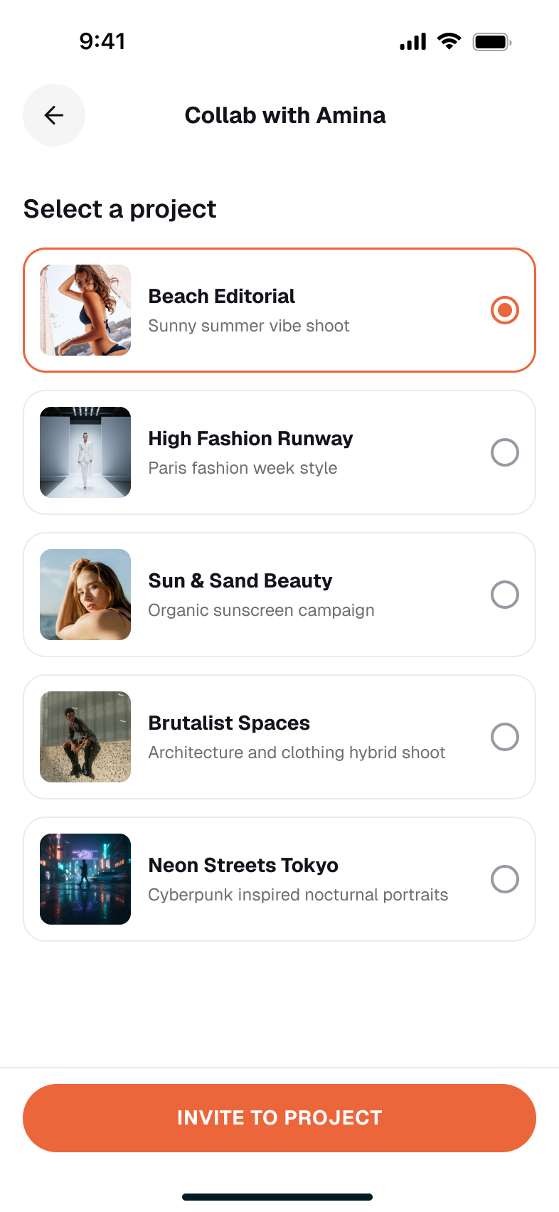 Select a project: existing shoots as cards with thumbnails and one-line descriptions, from Beach Editorial to Neon Streets Tokyo. Beach Editorial is selected, with an Invite to project button below.