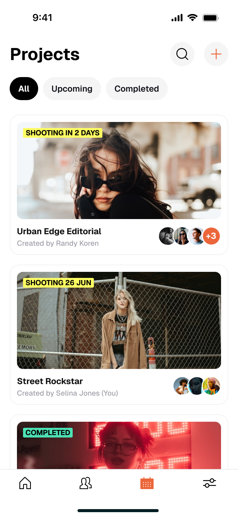 Projects list filtered by All, Upcoming and Completed. Cards show a cover image with a status flag: 'Shooting in 2 days' on Urban Edge Editorial, 'Shooting 26 Jun' on Street Rockstar, and 'Completed' on a third. Each card names its creator and stacks the collaborators' avatars.