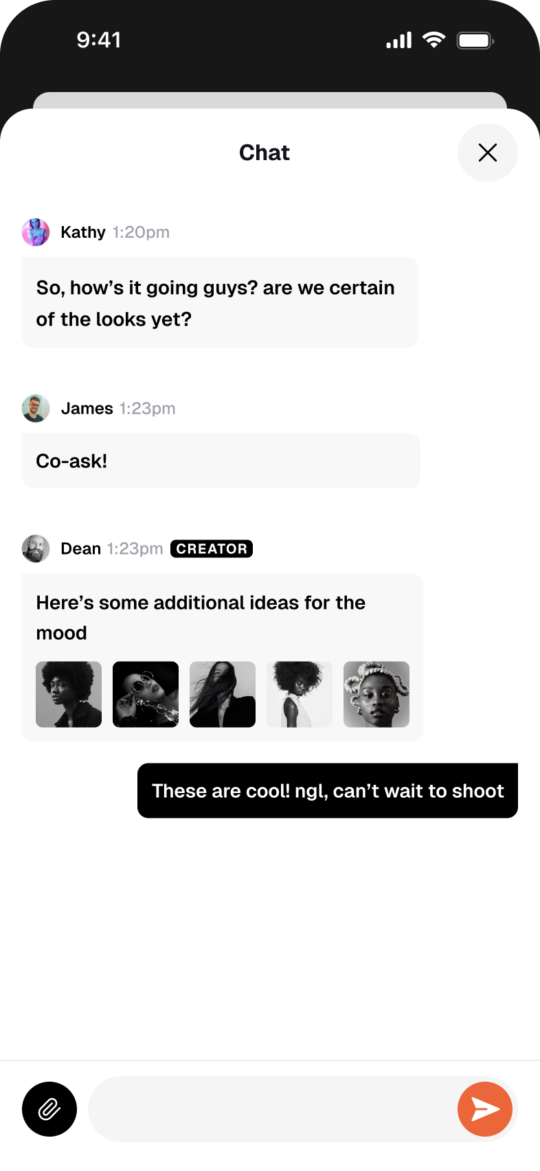 Project chat: Kathy asks whether the looks are settled, and Dean, tagged CREATOR, replies with five additional mood images that sit inline in the thread.