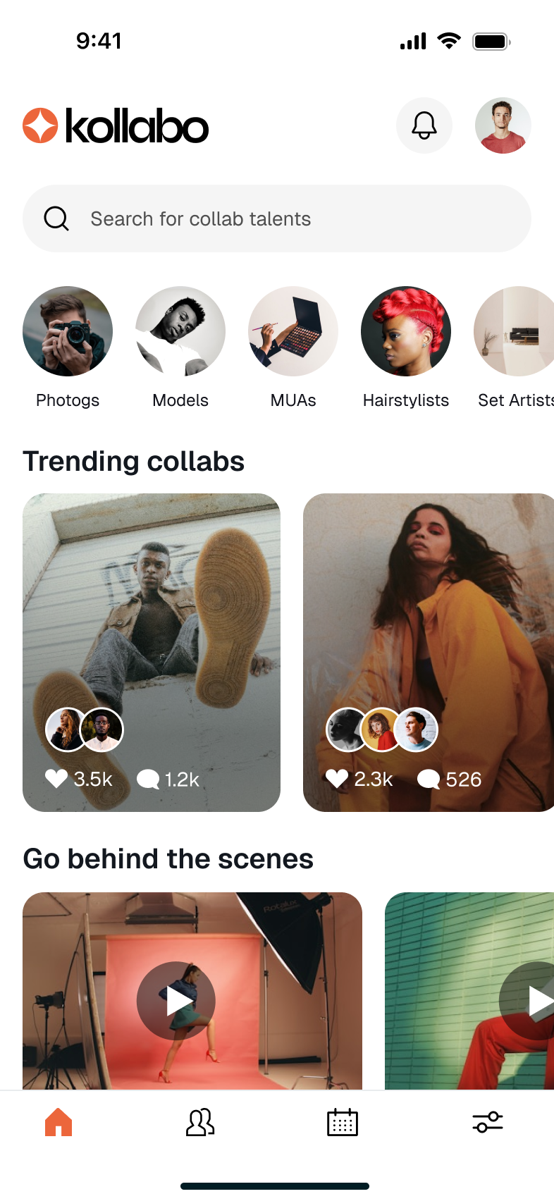 Kollabo home feed. Search bar reading 'Search for collab talents', discipline shortcuts (Photogs, Models, MUAs, Hairstylists, Set Artists), a Trending collabs grid with credited creators, and a Go behind the scenes video row.