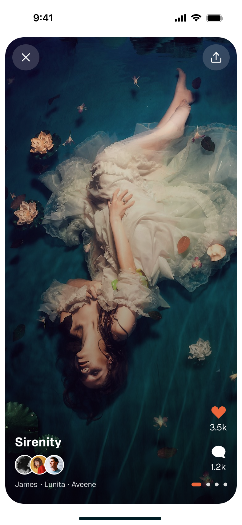 A collab post opened full-screen: 'Sirenity', an underwater editorial, with its three collaborators credited by name and avatar at the bottom, plus like and comment counts.