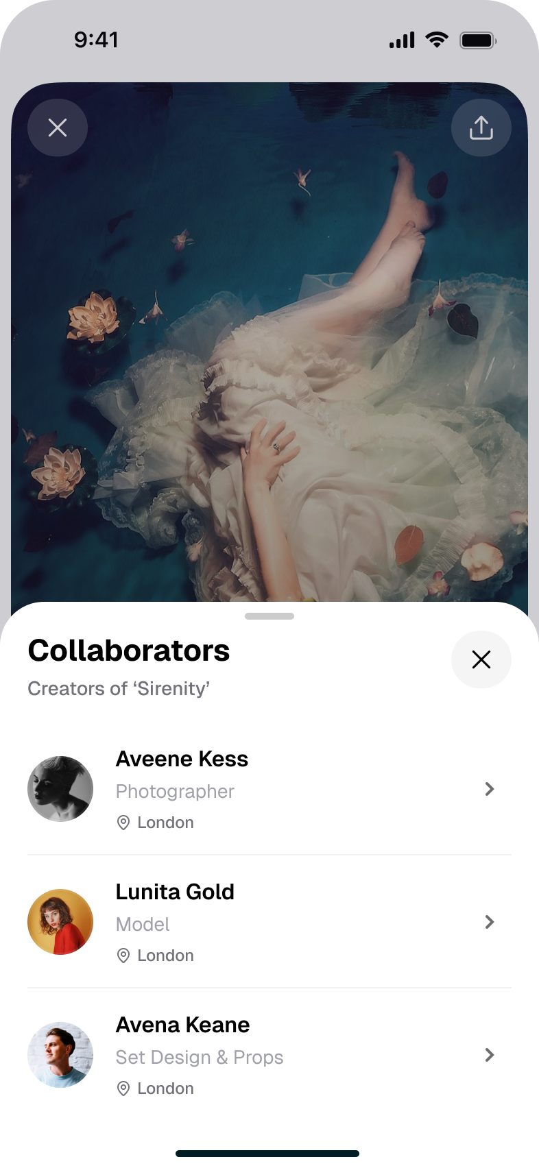 Collaborators sheet over the Sirenity post listing its creators: Aveene Kess, photographer; Lunita Gold, model; Avena Keane, set design and props. All in London, each row leading to a profile.