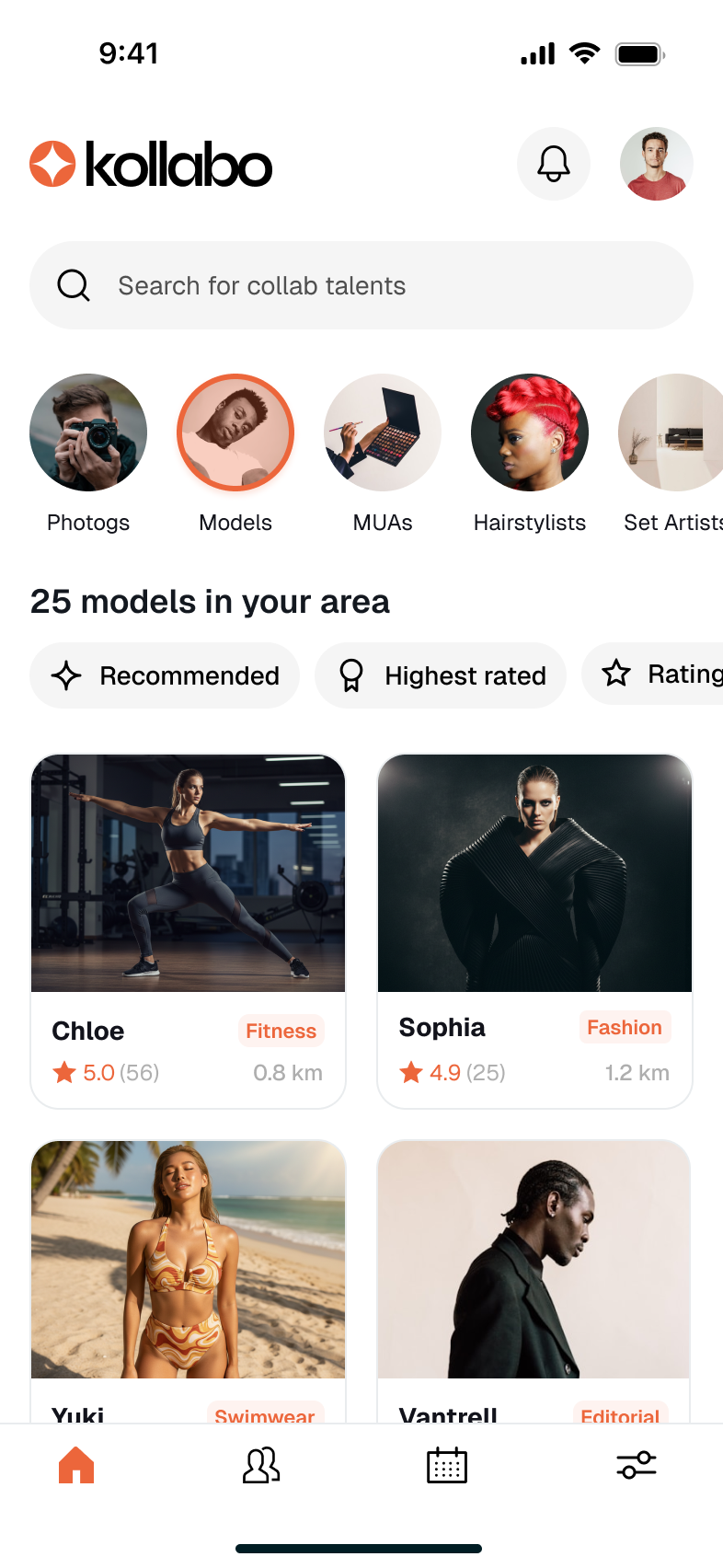 Browsing a discipline from home: Models selected, showing '25 models in your area' with rated, distance-tagged cards.