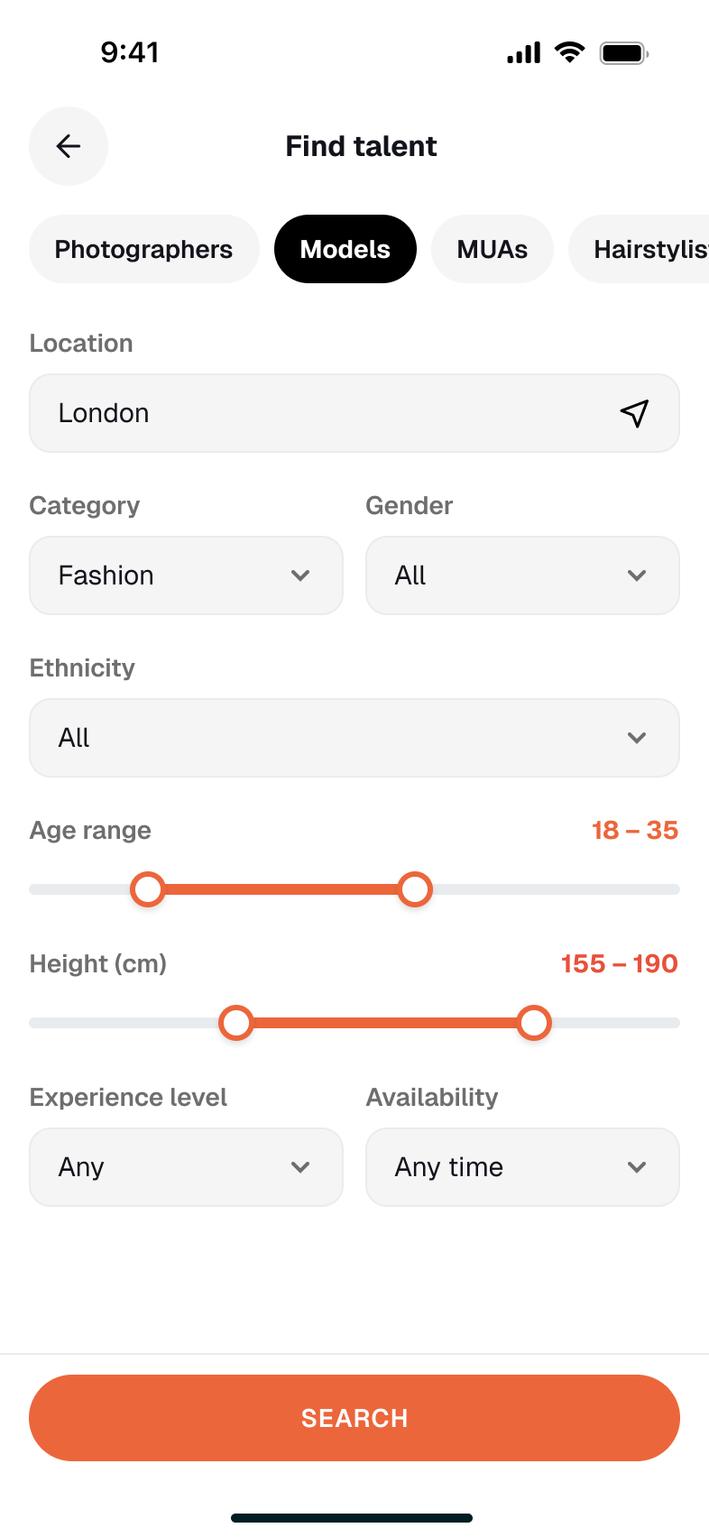 Find talent screen with the Models tab active: location set to London, category Fashion, plus gender, ethnicity, age range, height, experience level and availability controls above a Search button.