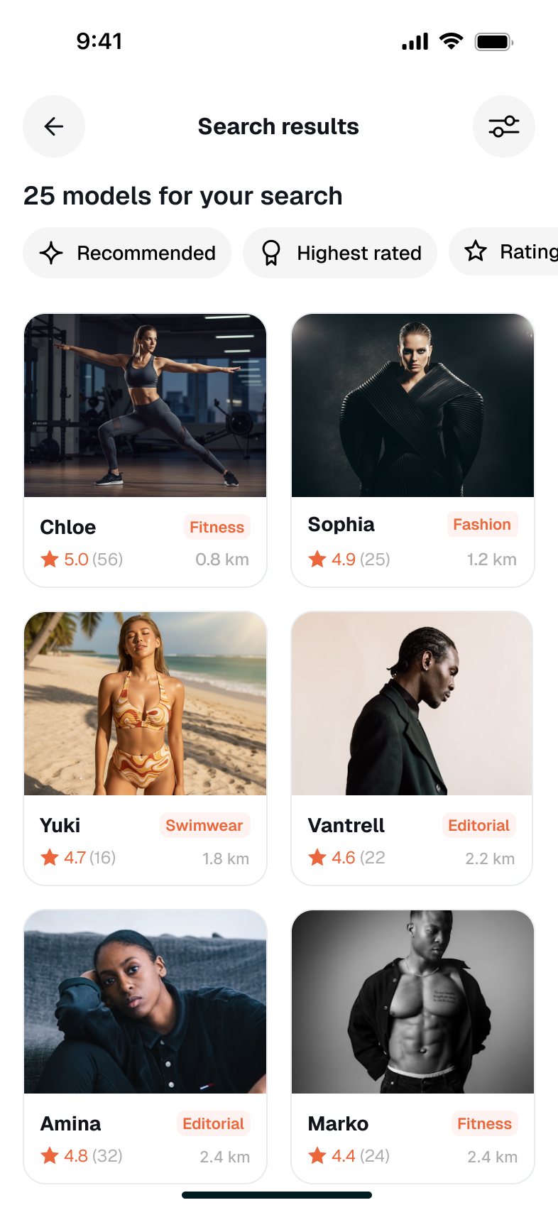 Search results: '25 models for your search' as cards. Each shows a photo, name, specialty tag such as Fitness or Editorial, star rating with review count, and distance in kilometres. Sort chips for Recommended and Highest rated on top.