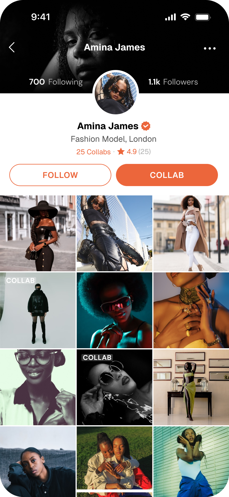 Amina James's profile: verified badge, 'Fashion Model, London', 25 collabs, 4.9 rating from 25 reviews, Follow and Collab buttons, and a portfolio grid where collaboration pieces carry a COLLAB label.