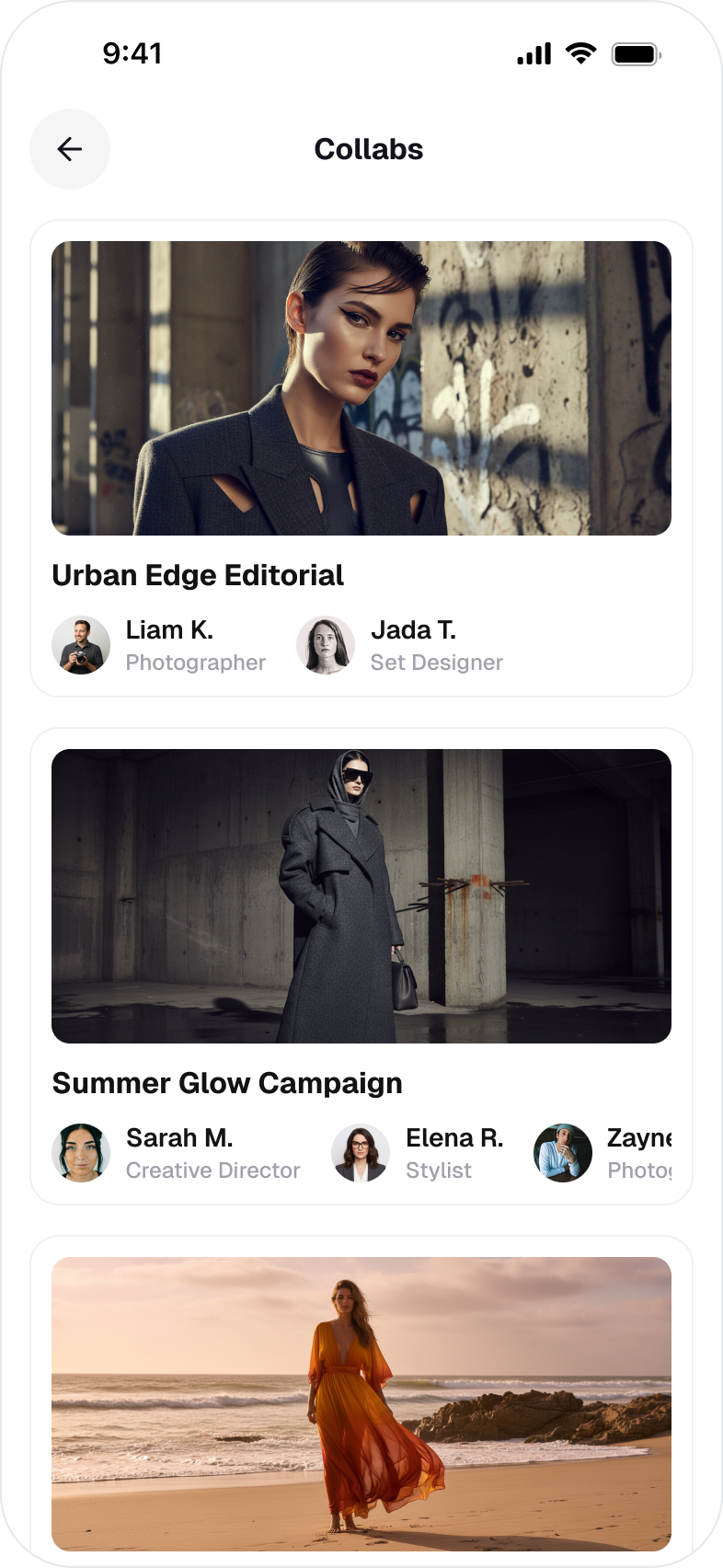 Collabs list: completed shoots as cards. 'Urban Edge Editorial' credits Liam K., photographer, and Jada T., set designer; 'Summer Glow Campaign' credits Sarah M., creative director, Elena R., stylist, and Zayne H., photographer.