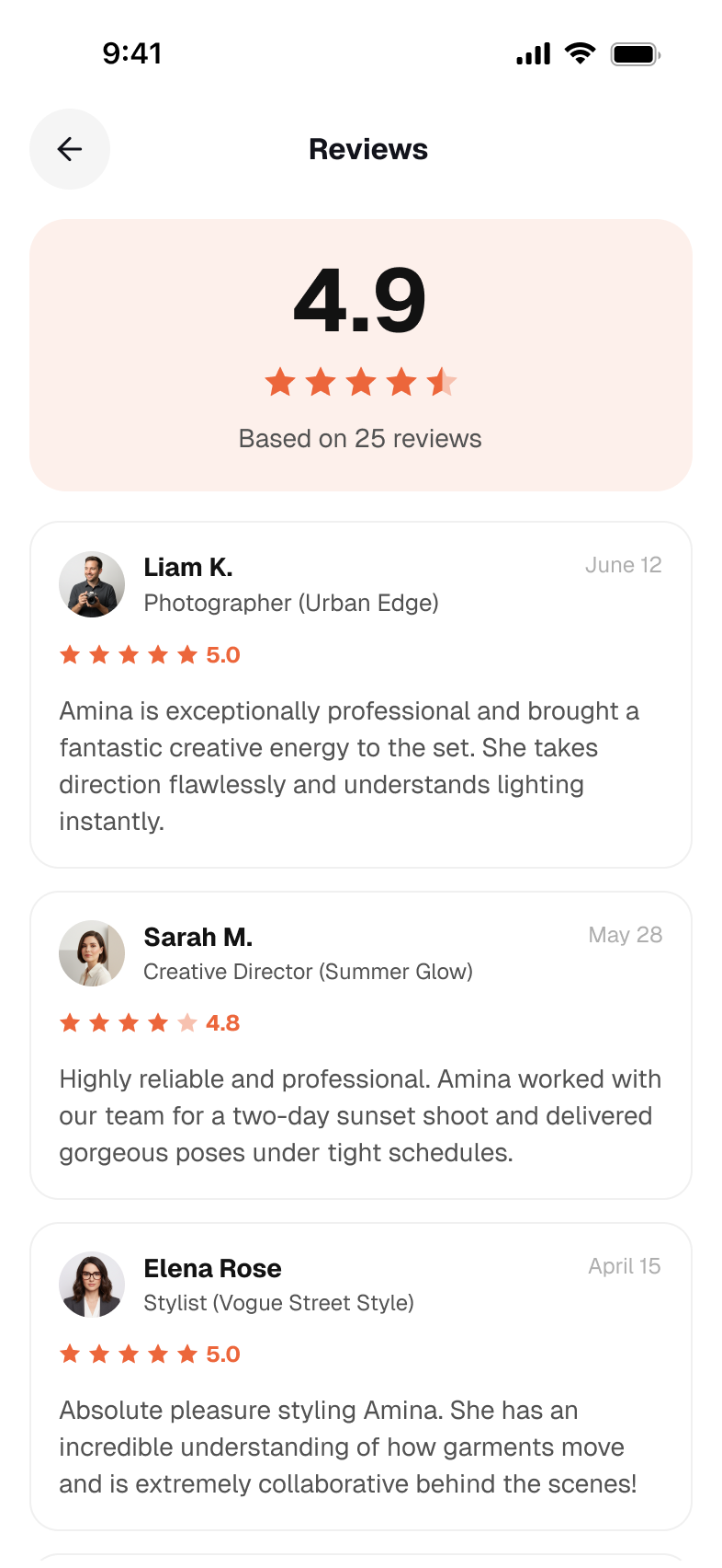 Reviews screen: 4.9 based on 25 reviews, then individual reviews from named collaborators. Liam K. and Sarah M. reference the same shoots listed under Collabs, each praising professionalism, reliability and delivery under tight schedules.