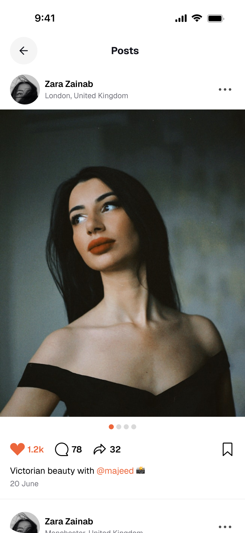 A creative's posts feed: Zara Zainab in London, a portrait captioned 'Victorian beauty with @majeed', with likes, comments, shares and the collaborator credited inline.